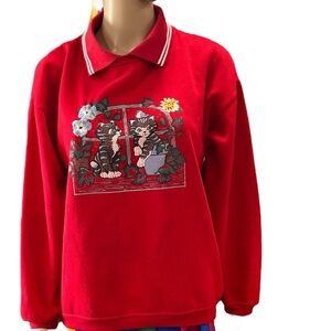 Vintage Auntie Red Sweatshirt with Cats and flower Embroidery-XL